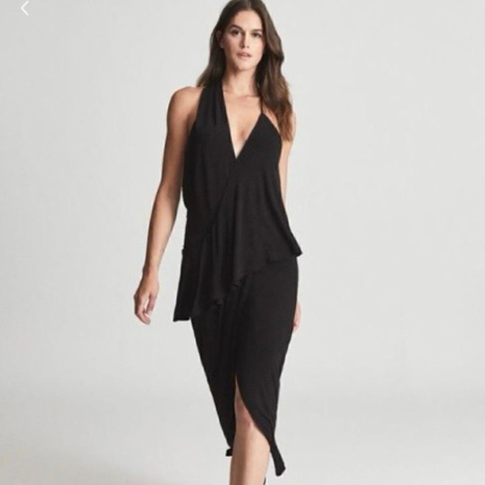 Reiss Xena Asymmetrical Midi Strappy Open Back Cocktail Dress Black UK 12 US 2